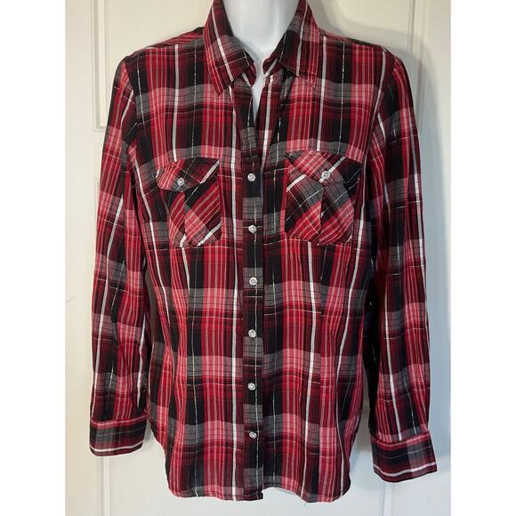Cato Red Black Plaid W/Silver Thread Long Sleeve Fitted Pockets Western Shirt M - Picture 1 of 7